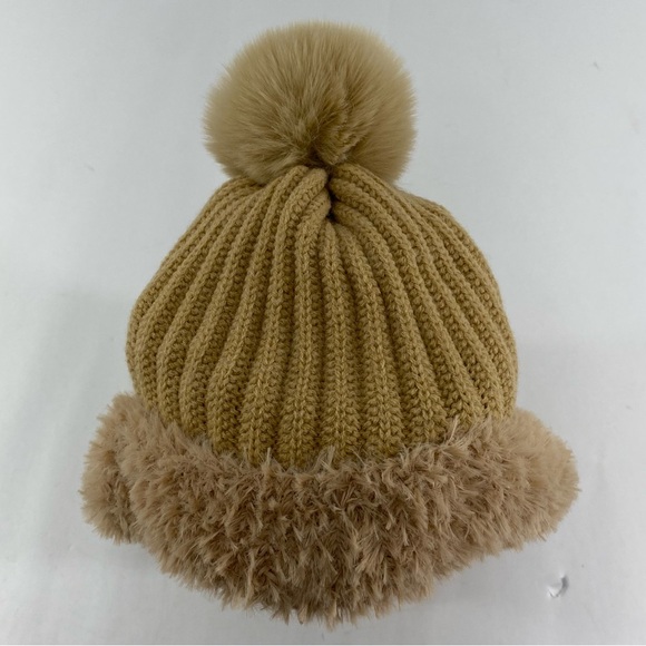 Cozy Women’s One Piece Scarf & Mask Tan Knit Pom-Pom Hat - Picture 6 of 14